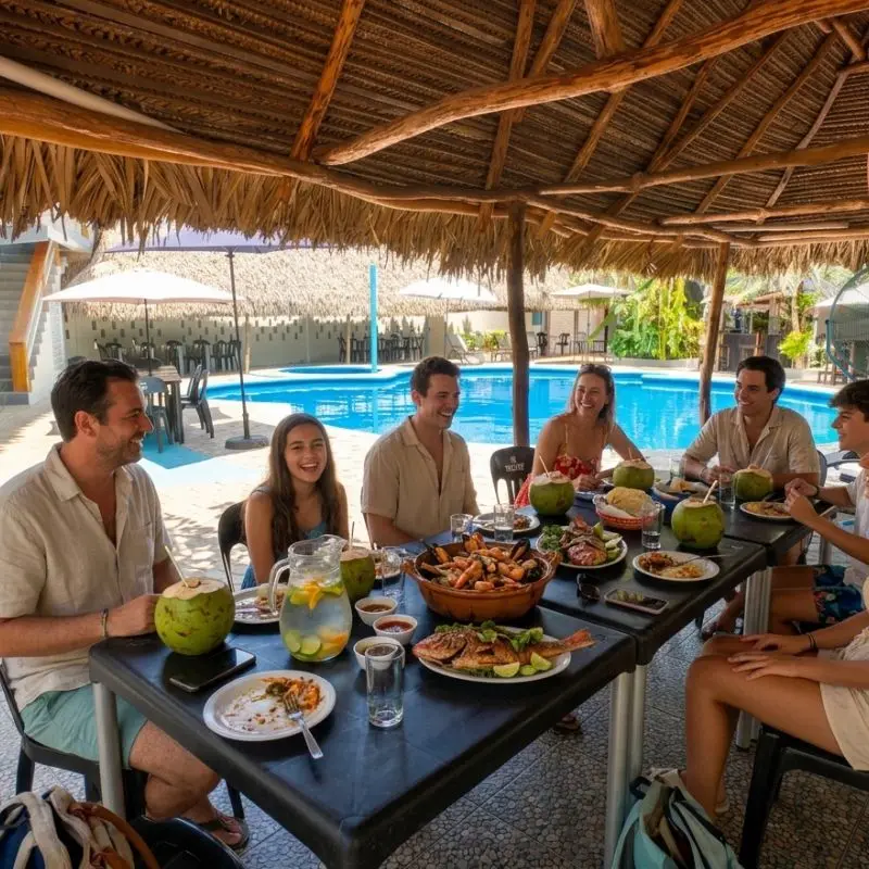 amilia disfrutando de platillos de mariscos tradicionales y cocos helados en el restaurante bajo una palapa junto a la alberca del Hotel Punta Cana en Tecolutla, Veracruz.