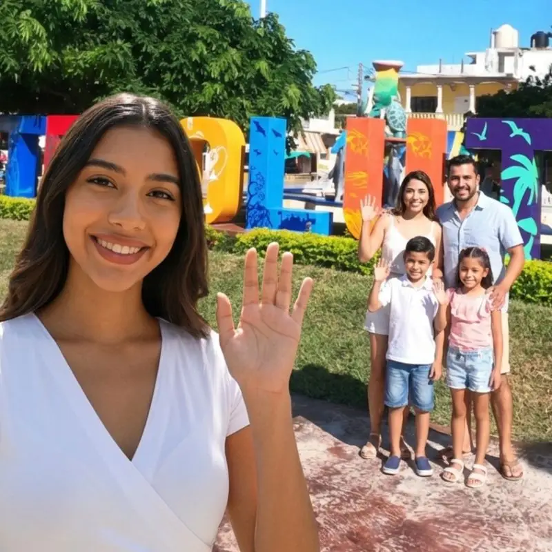 Una joven tomándose una selfie junto a una familia que saluda alegremente frente a las coloridas letras monumentales, uno de los principales atractivos turísticos que visitar en Tecolutla, Veracruz.